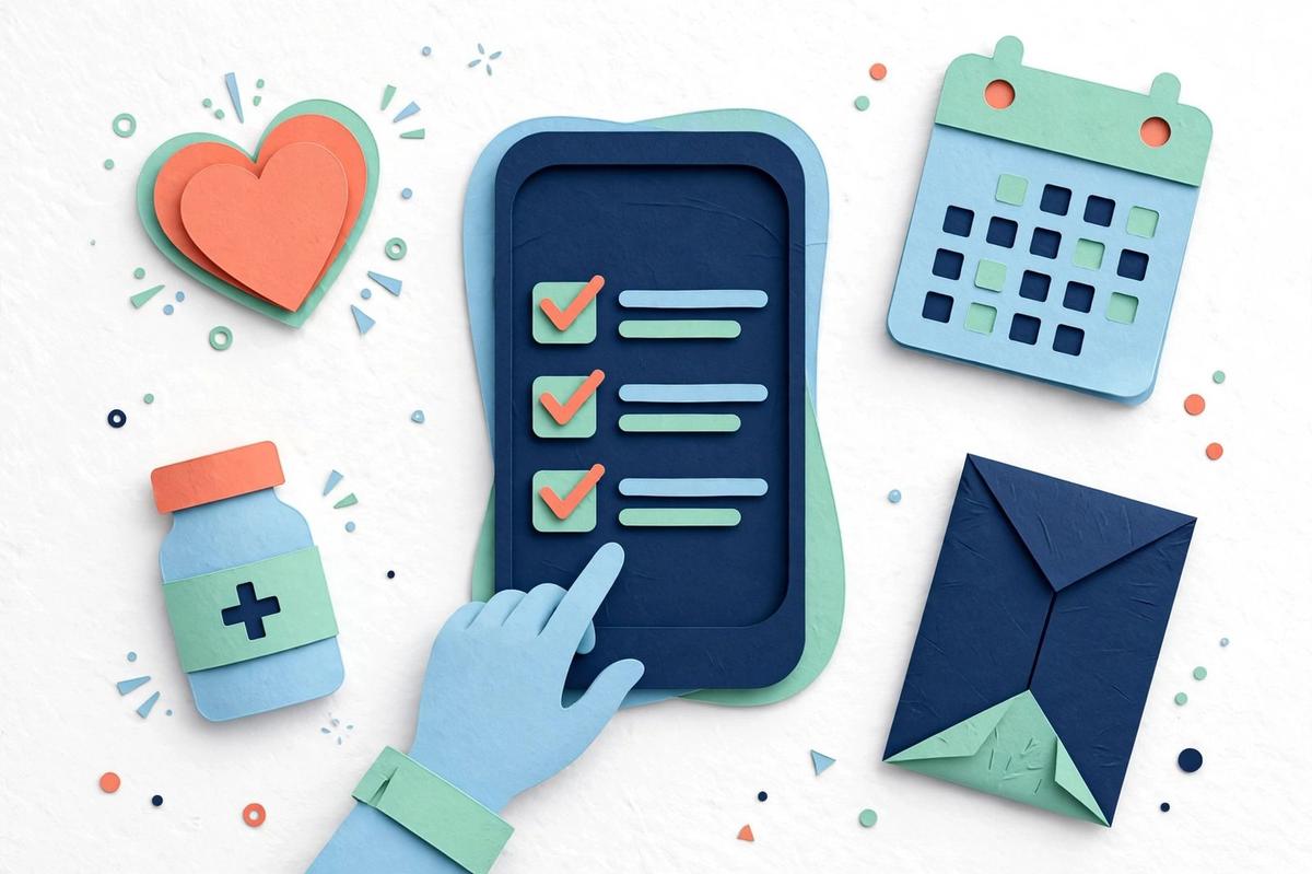 Paper-cut illustration of a care checklist on a phone with medication, calendar, heart, and note symbols